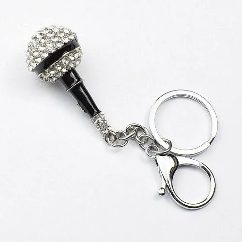 Брелок Микрофон с белыми стразами. Черная эмаль. Цвет стальной.